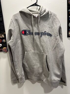 Champion Light Gray Pullover Hoodie with Script Logo